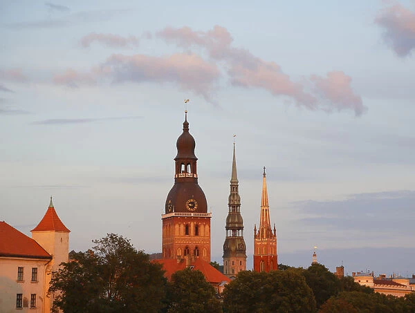 Towers of the Riga Castle, Riga Cathedral, St. Peters Church, from the Vansu-Brucke oder Vansu Tilts, Riga, Latvia