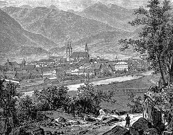 The town of Bressanone in South Tyrol, Italy, in 1860, digitally restored reproduction of an original 19th-century artwork