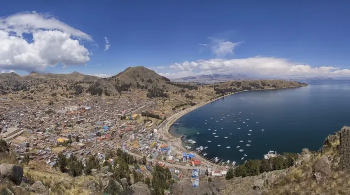 Framed Print : The town of Copacabana with its bay, lake Titicaca, Laz Paz, Bolivia Framed Print : The town of Copacabana with its bay, lake Titicaca, Laz Paz, Bolivia