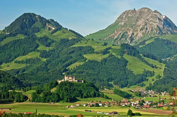 Town of Gruyeres with Gruyeres Castle, Gruyere District, Switzerland