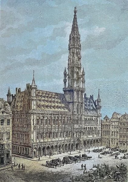 The Town Hall of Brussels, Belgium, Historic, digitally restored reproduction from a 19th century original