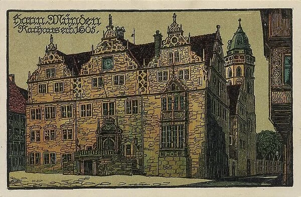 Town hall in Hannoversch Muenden, Hann. Muenden, Lower Saxony, Germany, postcard with text, view around ca 1910, historical, digital reproduction of a historical postcard, public domain, from that time, exact date unknown
