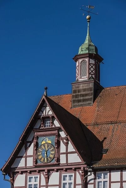 Town hall with lunar phase clock, Bad Urach, Baden-Wurttemberg, Germany