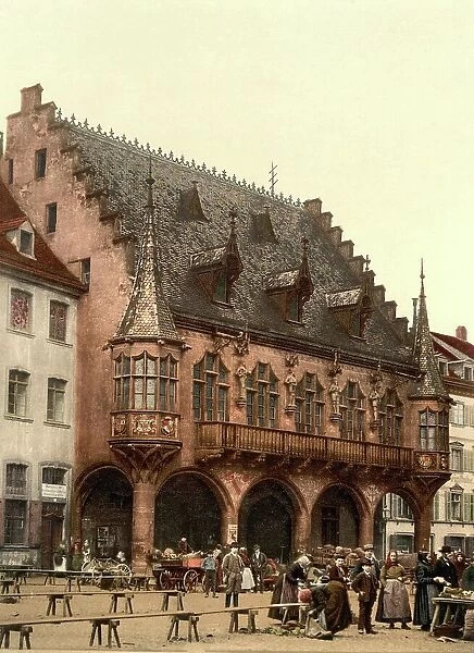 Town Hall and Market in Freiburg, Baden-Wuerttemberg, Germany, Historic, digitally restored reproduction of a photochrome print from the 1890s
