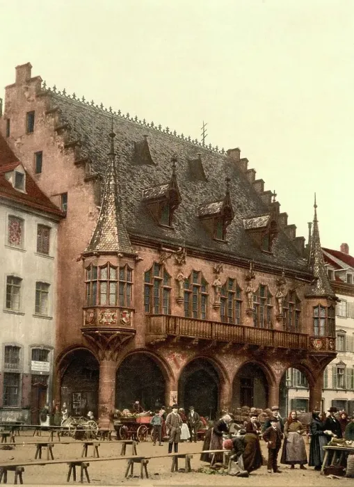 Framed Print : Town Hall and Market in Freiburg, Baden-Wuerttemberg, Germany, Historic, digitally restored reproduction of a photochrome print from the 1890s Framed Print : Town Hall and Market in Freiburg, Baden-Wuerttemberg, Germany, Historic, digitally restored reproduction of a photochrome print from the 1890s