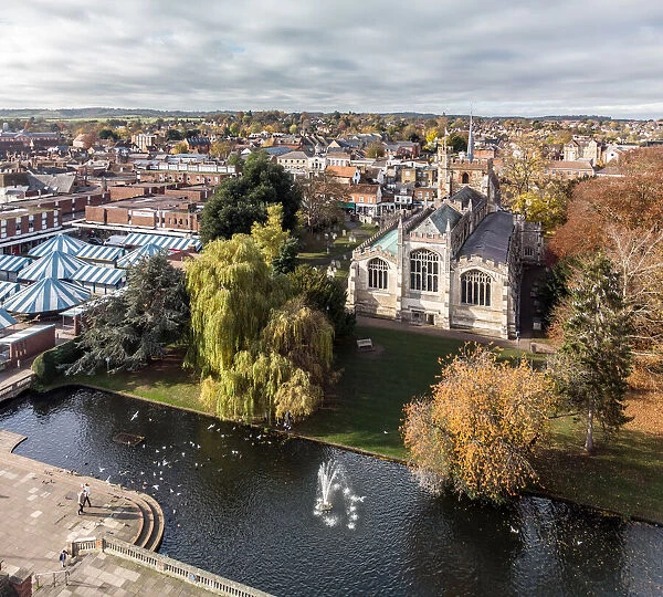 The town of Hitchin, Hertfordshire, UK in Autumn from a high angle view