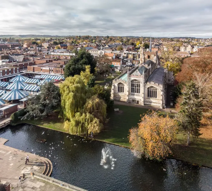 Framed Print : The town of Hitchin, Hertfordshire, UK in Autumn from a high angle view