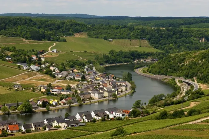 Framed Print : The town of Machtum on a loop of the Moselle river, Moselle Valley, Luxembourg, Europe