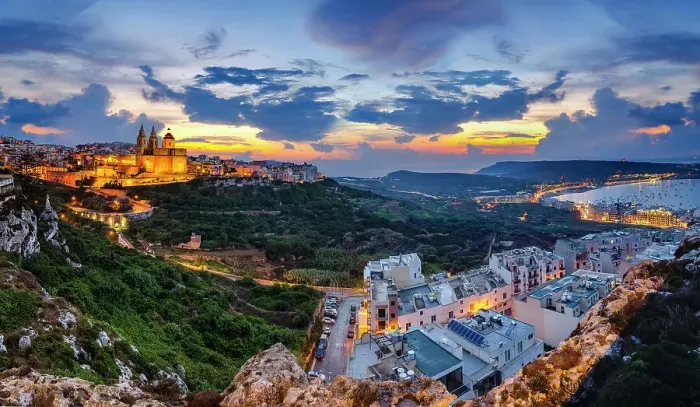 Framed Print : The town of Mellieha sparkles at blue hour Framed Print : The town of Mellieha sparkles at blue hour