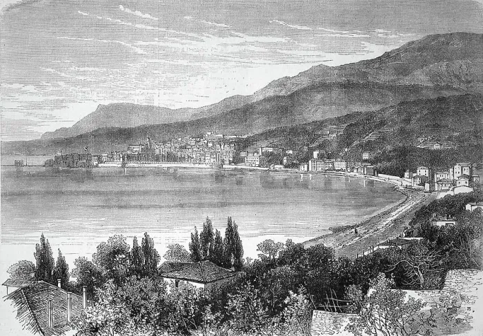 Framed Print : The Town of Menton on the Mediterranean, 1869, France, Historical, digitally restored reproduction of a 19th century original, exact original date unknown Framed Print : The Town of Menton on the Mediterranean, 1869, France, Historical, digitally restored reproduction of a 19th century original, exact original date unknown