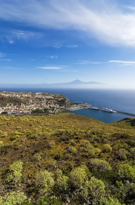 Framed Print : Town of San Sebastian, Mount Teide or Pico del Teide at back, San Sebastian de la Gomera, La Gomera, Canary Islands, Spain