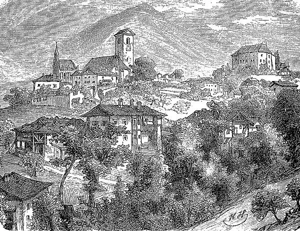 The town of Schenna, formerly Schoenna, in South Tyrol, Italy, in the year 1870, digitally restored reproduction of an original 19th-century original