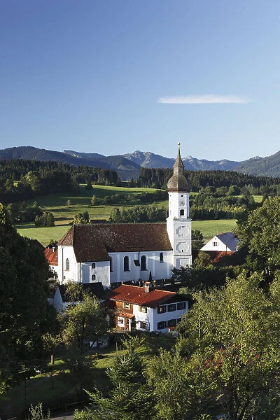 Town view with parish church of St. George, Bad Bayersoien, Pfaffenwinkel, Upper Bavaria, Bavaria, Germany, Europe, PublicGround
