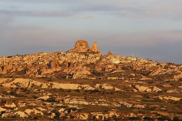 Townscape in the morning light, Uchisar, Goreme National Park, Nevsehir Province, Cappadocia, Central Anatolia Region, Anatolia, Turkey