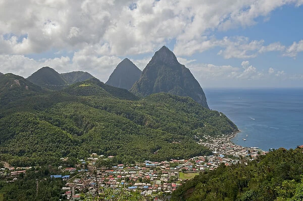 Townscape, the Pitons at the back, Palmiste, Soufriere, Saint Lucia