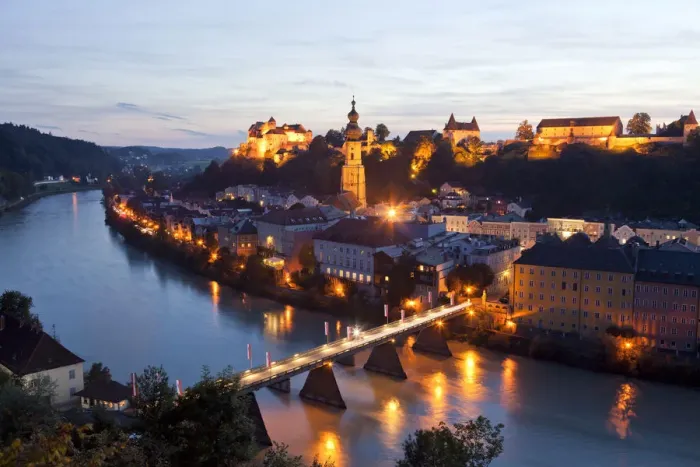 Framed Print : Townscape with Salzach river, at night, Burghausen, Upper Bavaria, Bavaria, Germany Framed Print : Townscape with Salzach river, at night, Burghausen, Upper Bavaria, Bavaria, Germany