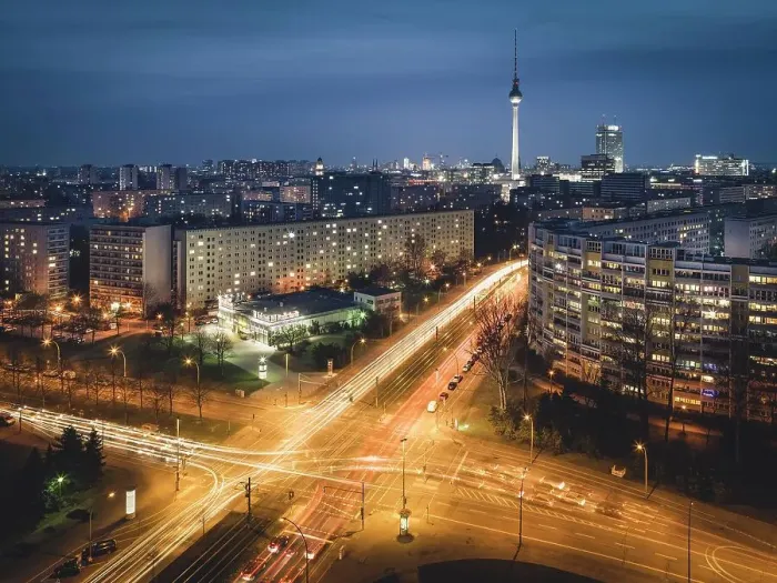 Framed Print : Traces of Light, Illuminated Crossing, Berlin Television Tower and Platz der Vereinten Nationen in the Evening, Berlin, Germany