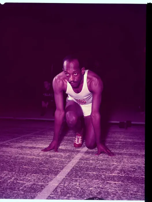 Framed Print : Track Star Harrison Dillard in Position for Race Framed Print : Track Star Harrison Dillard in Position for Race