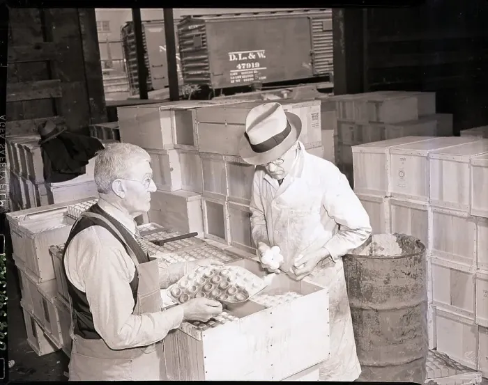 Framed Print : Trader Looks Over Shipment of Eggs Framed Print : Trader Looks Over Shipment of Eggs