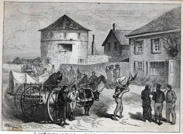 Framed Print : Traders At Fort Manitoba; Engraving Framed Print : Traders At Fort Manitoba; Engraving