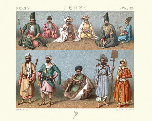 Traditional costumes of Persia, 19th Century, Smokers, soldier, muletteer, Armenians