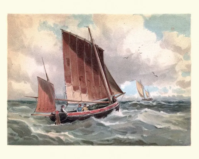Framed Print : Traditional fishing lugger boats at sea, 19th Century Framed Print : Traditional fishing lugger boats at sea, 19th Century