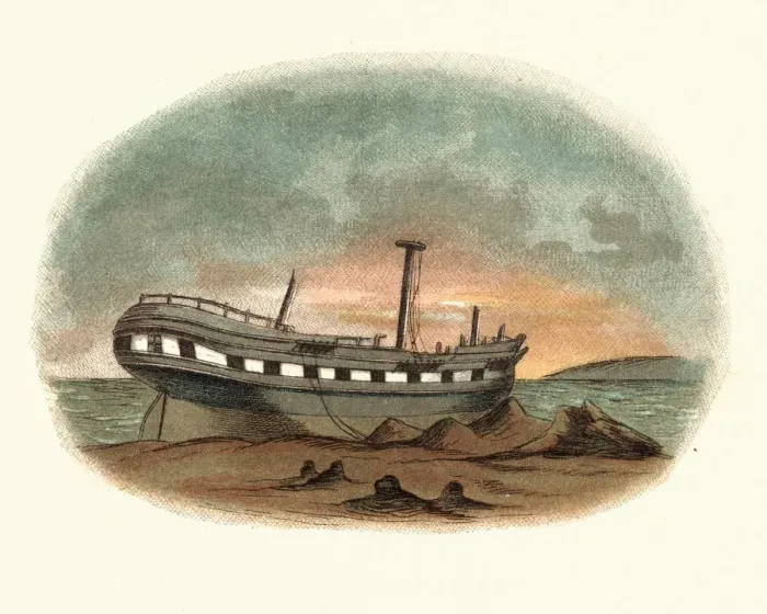 Framed Print : Traditional Hulk Ship, Grounded on shore, 19th Century Framed Print : Traditional Hulk Ship, Grounded on shore, 19th Century