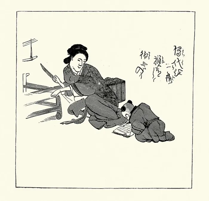 Framed Print : Traditional Japanese art, Teacher and student learning to read, Victorian 19th Century style, Vintage illustration Framed Print : Traditional Japanese art, Teacher and student learning to read, Victorian 19th Century style, Vintage illustration