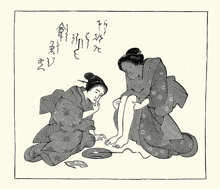 Framed Print : Traditional Japanese art, woman, chiropody, Victorian 19th Century style, Vintage illustration Framed Print : Traditional Japanese art, woman, chiropody, Victorian 19th Century style, Vintage illustration