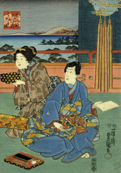 Framed Print : Traditional Japanese Woodblock of a couple Framed Print : Traditional Japanese Woodblock of a couple