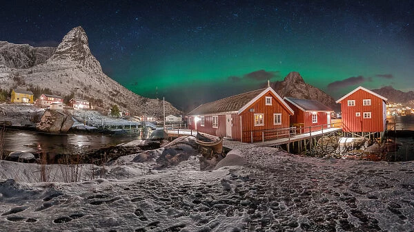 Traditional Norwegian fishing cottages, huts, Reine in Lofoten in northern Norway