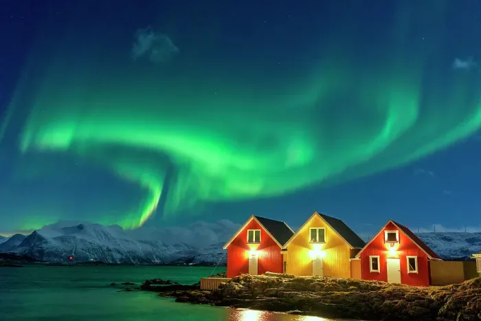 Framed Print : Traditional rorbu during the Northern Lights Framed Print : Traditional rorbu during the Northern Lights