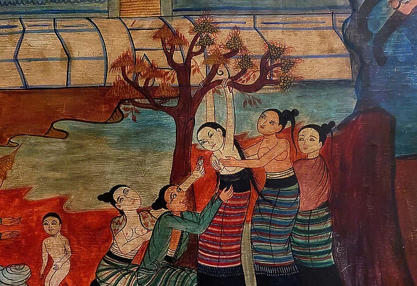 Traditional Thai mural at the wall of Thai temple