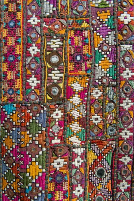 Framed Print : Traditional wall hanging from Rajasthan, colourful, inlaid with mirrors and different patterns, detail, Udaipur, Rajasthan, India Framed Print : Traditional wall hanging from Rajasthan, colourful, inlaid with mirrors and different patterns, detail, Udaipur, Rajasthan, India