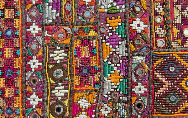 Traditional wall hanging from Rajasthan, colourful, inlaid with mirrors and different patterns, detail, Udaipur, Rajasthan, India
