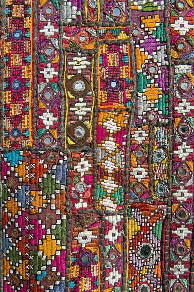 Traditional wall hanging from Rajasthan, colourful, inlaid with mirrors and different patterns, detail, Udaipur, Rajasthan, India