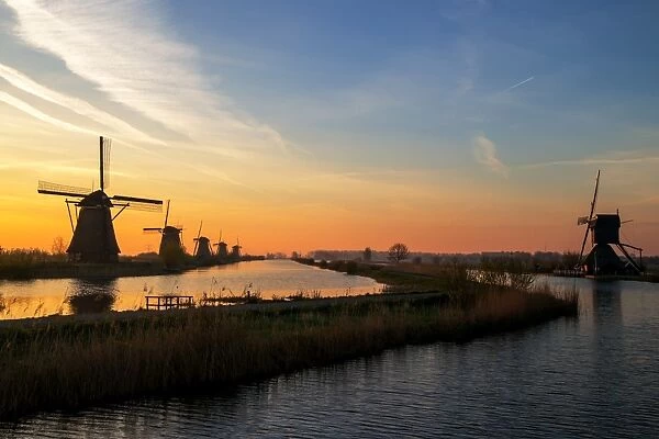 Traditional windmills at sunrise, Kinderdijk