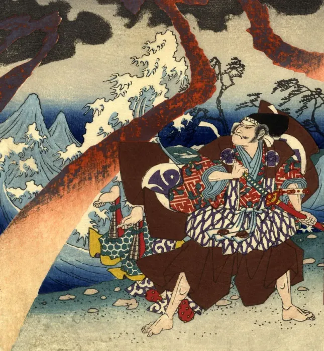 Framed Print : Traditional Woodblock Print Warriors and Storm Framed Print : Traditional Woodblock Print Warriors and Storm