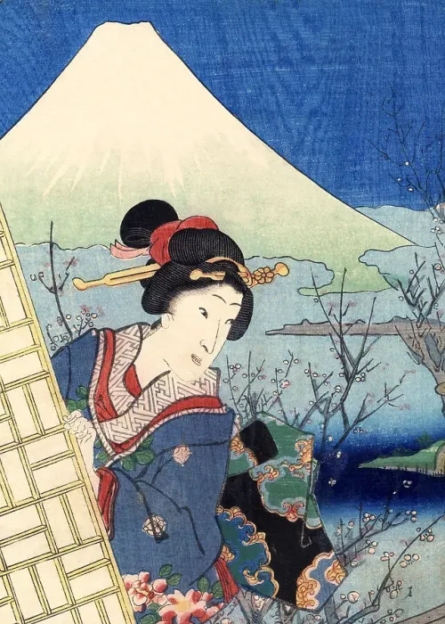 Framed Print : Traditional Woodblock Print Woman and Mount Fuji Framed Print : Traditional Woodblock Print Woman and Mount Fuji