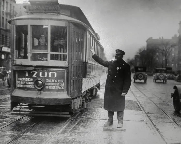 Framed Print : Traffic Cop in Harlem Talking to Trolley Driver Framed Print : Traffic Cop in Harlem Talking to Trolley Driver
