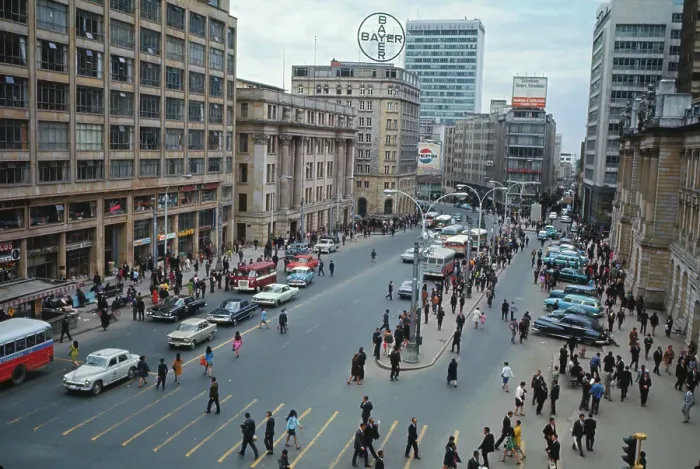 Framed Print : Traffic and Pedestrians on Modernized Street