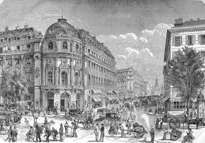 Framed Print : Traffic and people in the street Boulevard des Capucines, Chaussee d Antin and the new theatre in Paris, France, Theatre du Vaudeville 1869, later Paramount Opera films and Gaumont Opera, Historic, digitally restored reproduction of an original 19th Framed Print : Traffic and people in the street Boulevard des Capucines, Chaussee d Antin and the new theatre in Paris, France, Theatre du Vaudeville 1869, later Paramount Opera films and Gaumont Opera, Historic, digitally restored reproduction of an original 19th