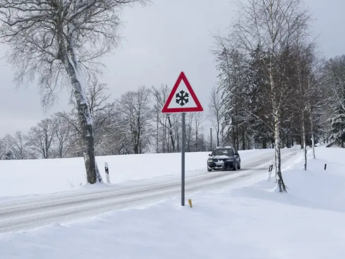 Framed Print : Traffic sign at a snow-covered road in winter, Upper Bavaria, Bavaria, Germany Framed Print : Traffic sign at a snow-covered road in winter, Upper Bavaria, Bavaria, Germany
