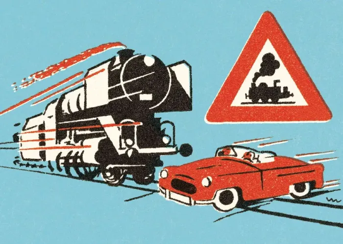 Framed Print : Train approaching red car on tracks Framed Print : Train approaching red car on tracks