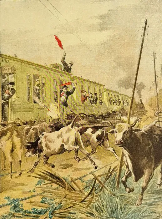 Framed Print : A train attacked by bulls Framed Print : A train attacked by bulls