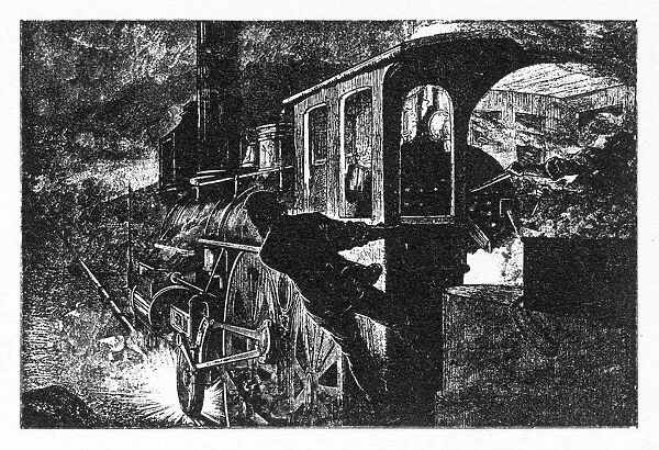 Train Locomotive Braking on Tracks, Early American Engraving, 1877