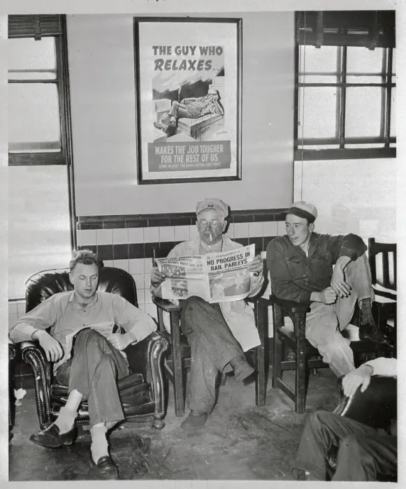 Framed Print : Train Workers Sitting in Waiting Room Framed Print : Train Workers Sitting in Waiting Room