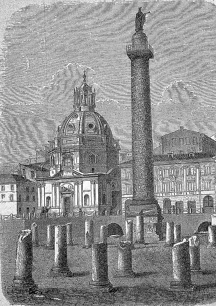 Trajan's Column in Rome, Italy, in 1870, digitally restored reproduction of a 19th century original, exact original date not known