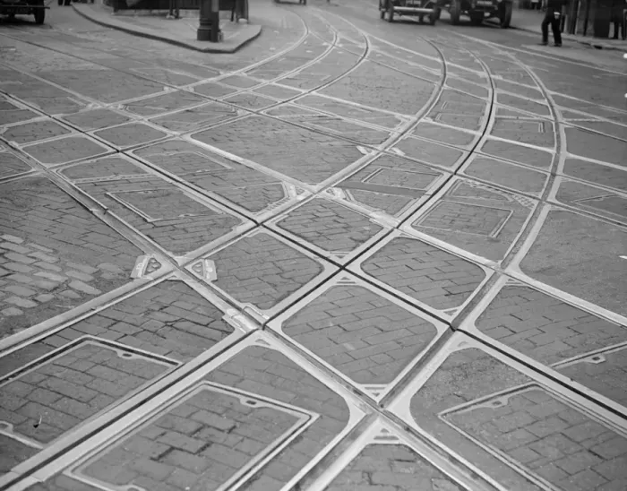 Framed Print : Tramlines. 1938: Tramlines at the junction of Archway Road