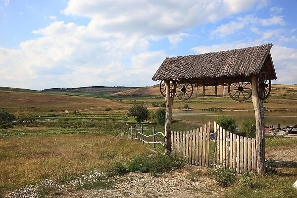 Transylvanian wooden gate at the entrance to an agricultural property, near Boz, Transylvania, Romania
